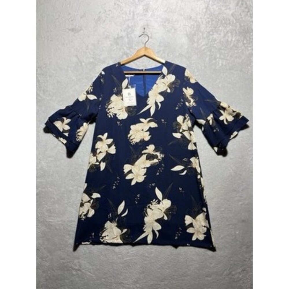 NWT Belongsci XL Lined Bell Sleeve Blue Floral Shift Dress